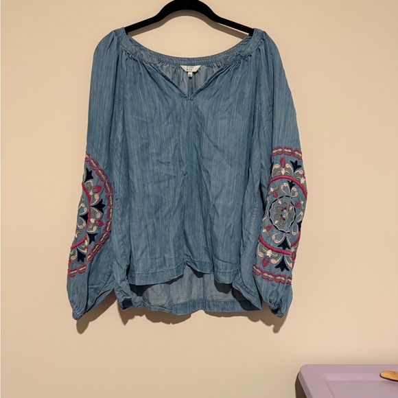 crown & ivy Tops - Embroidered Denim Blue Boho Top
